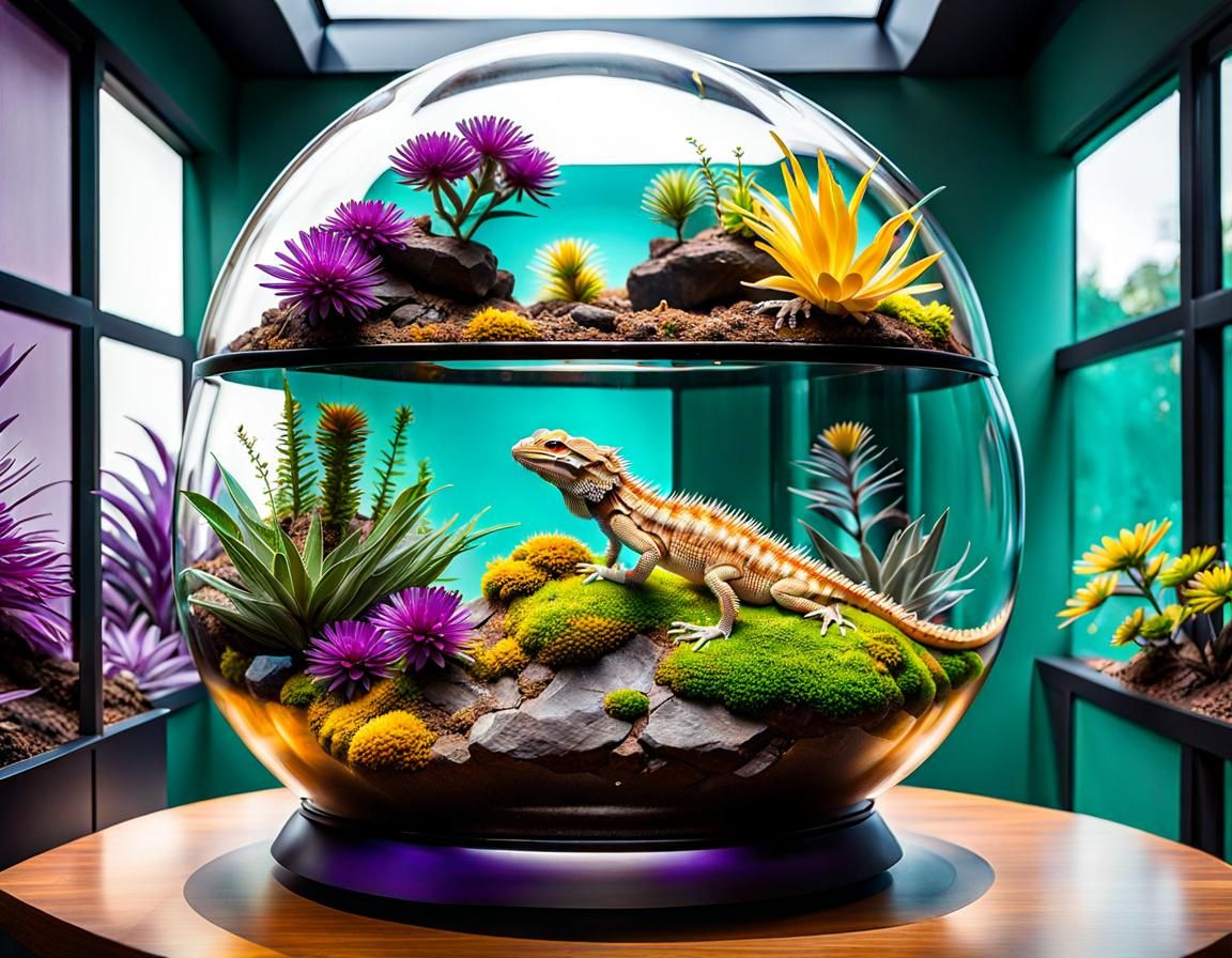 Futuristic Terrarium with Bearded Dragon in Surreal Style