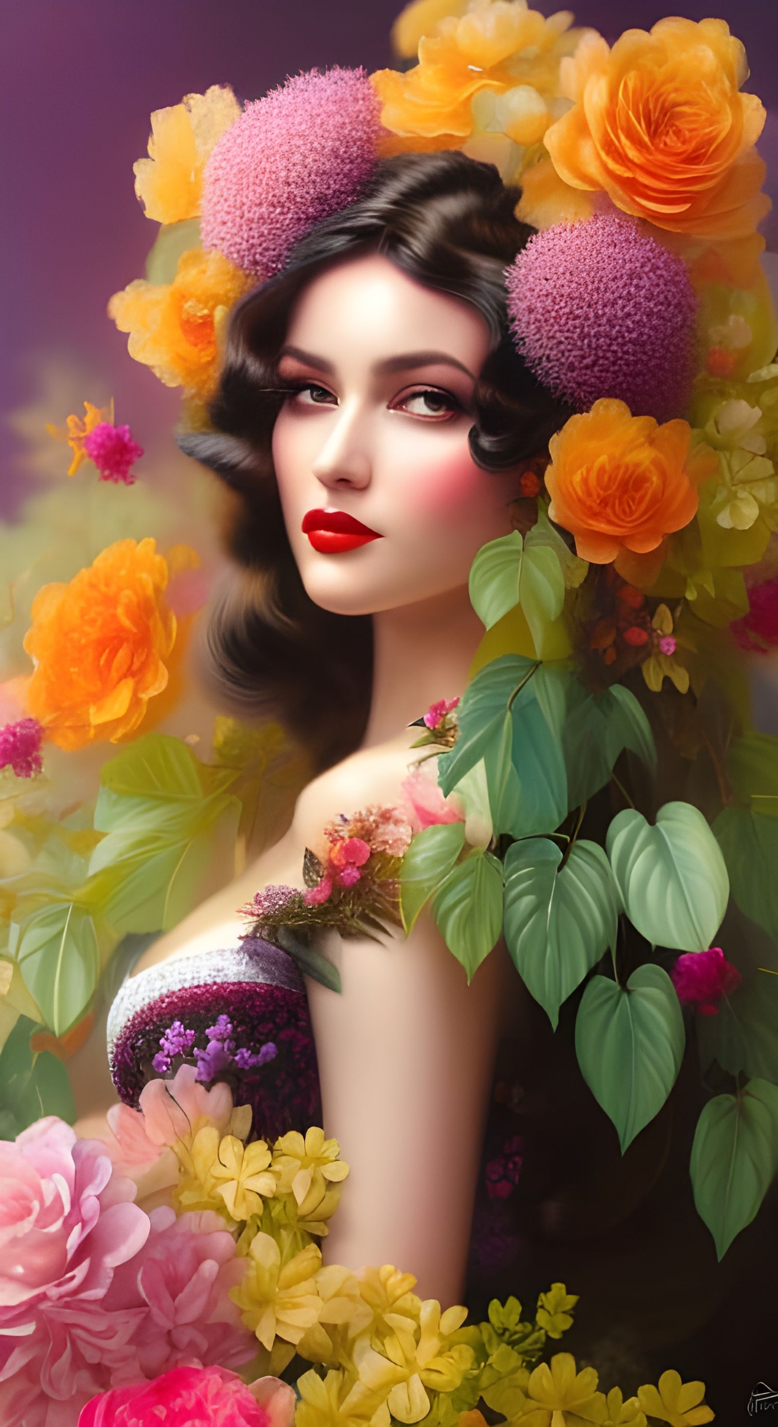 Wavy Haired Pin-Up Surrounded by Flowers