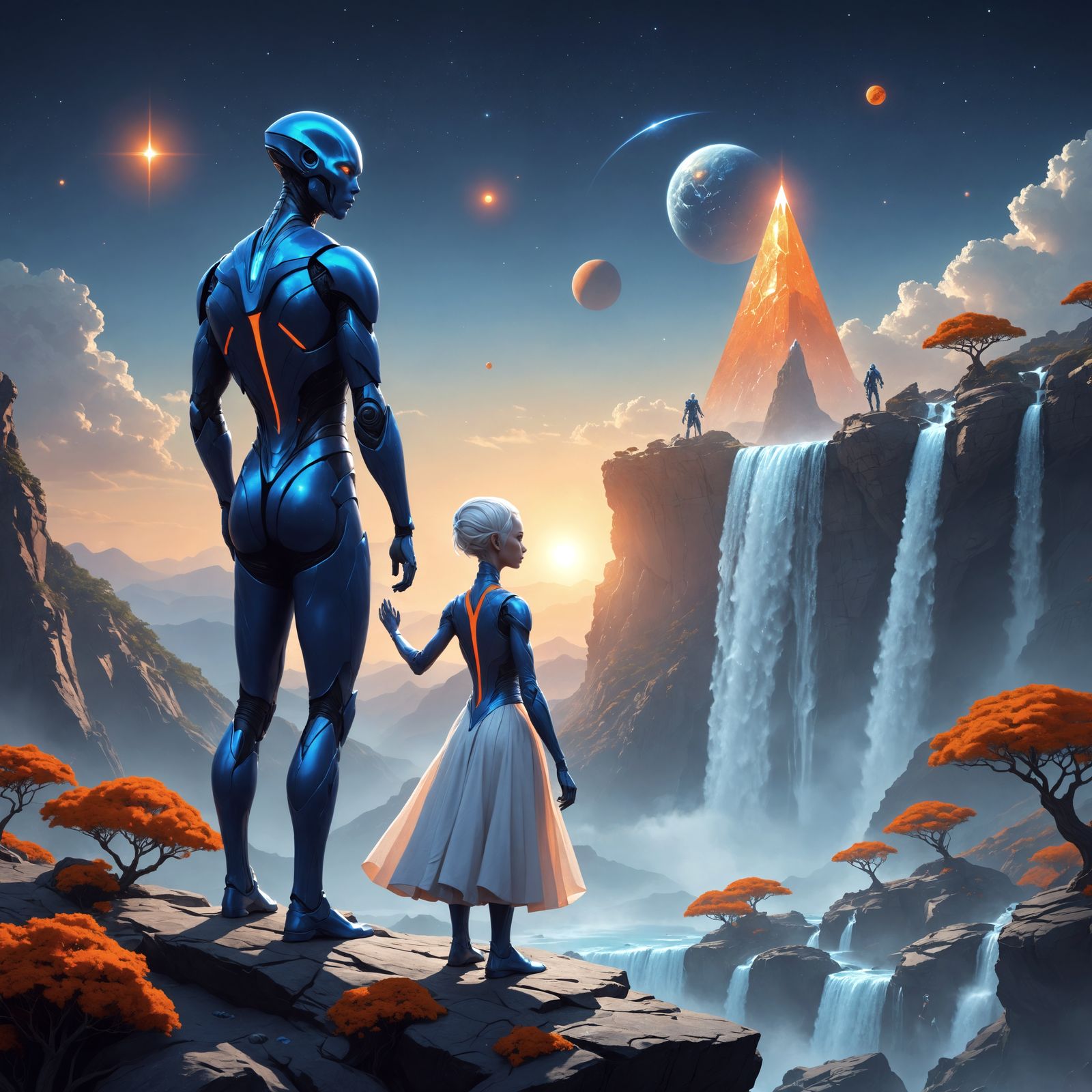 Dreamy Alien World with Orange Trees and Waterfalls