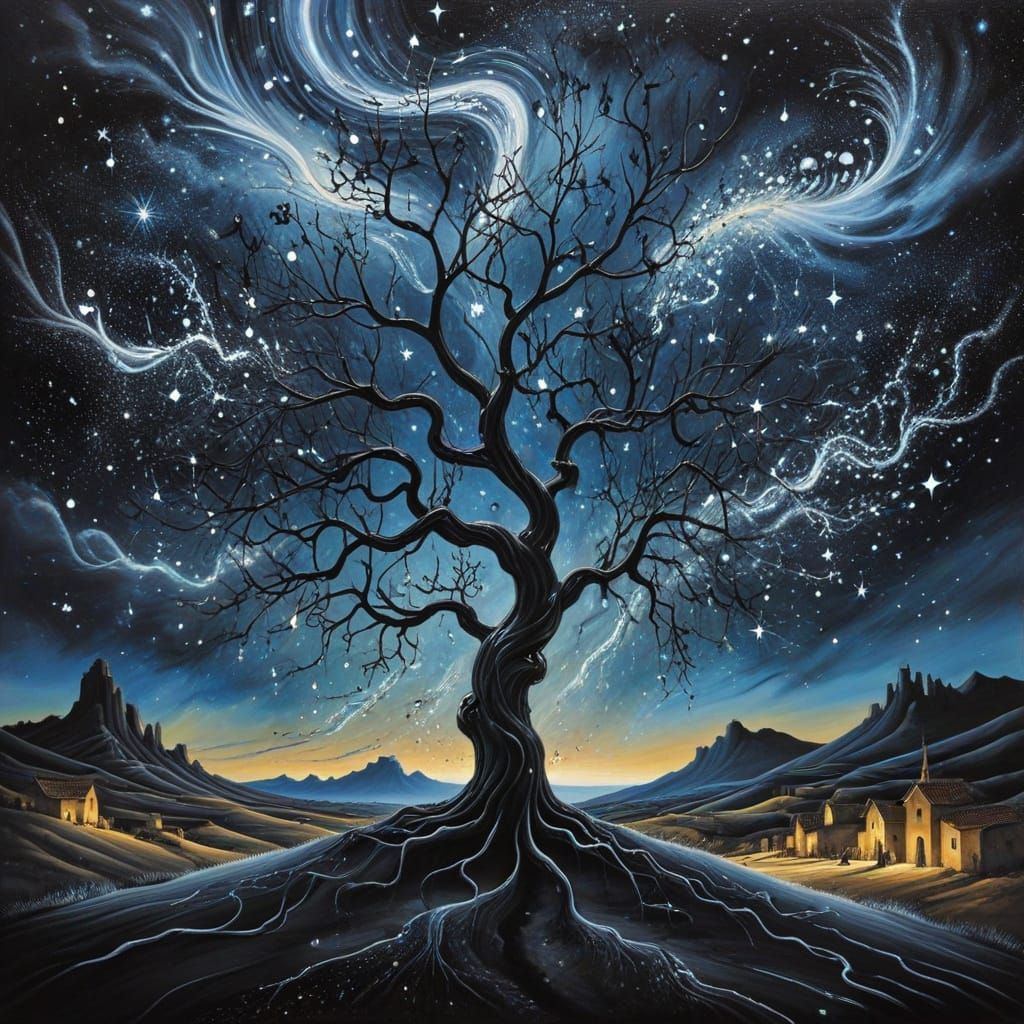 Surreal Charcoal Drawing of a Glowing Crystal Tree