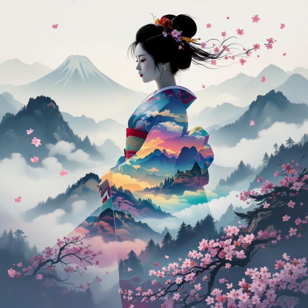 Ethereal Japanese Goddess in Dreamlike Cherry Blossom Landsc...