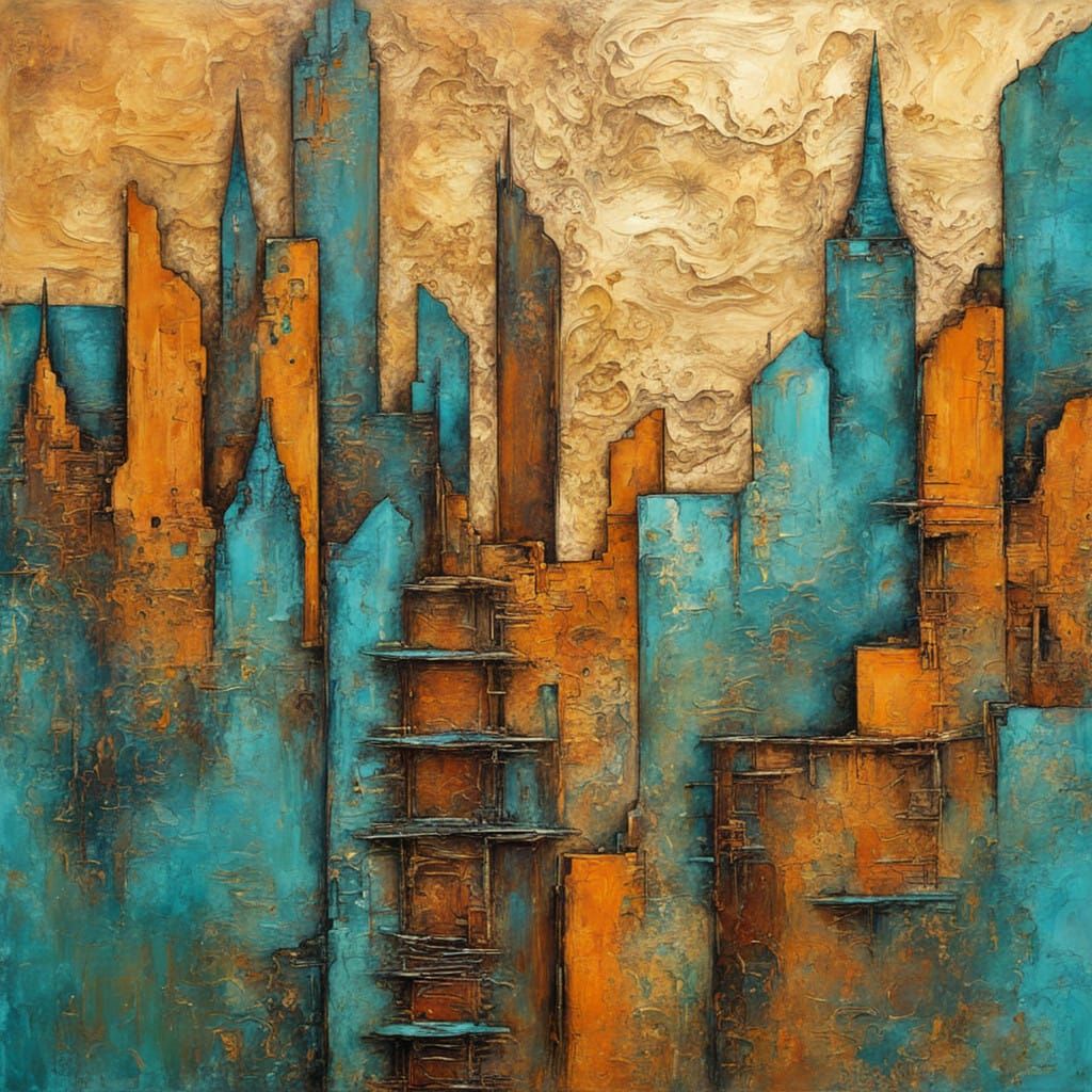 Vibrant Patina Cityscape with Fine Details