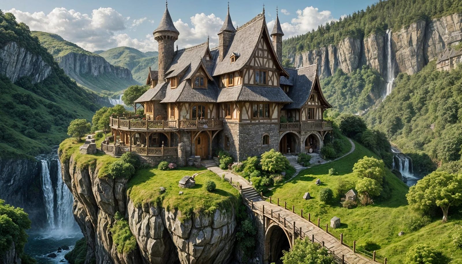 Elven Cottage on Cliff Near Waterfall