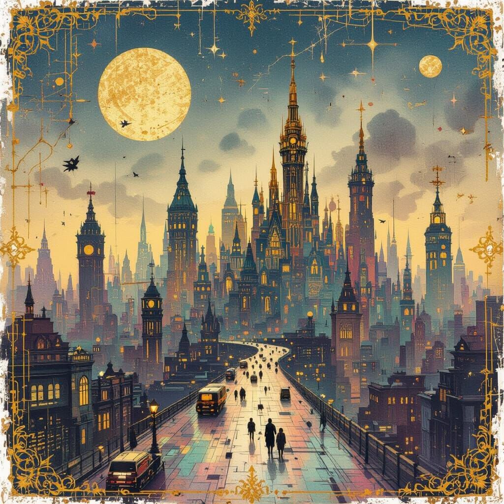 Dystopian Cityscape in Vintage Glitch Style