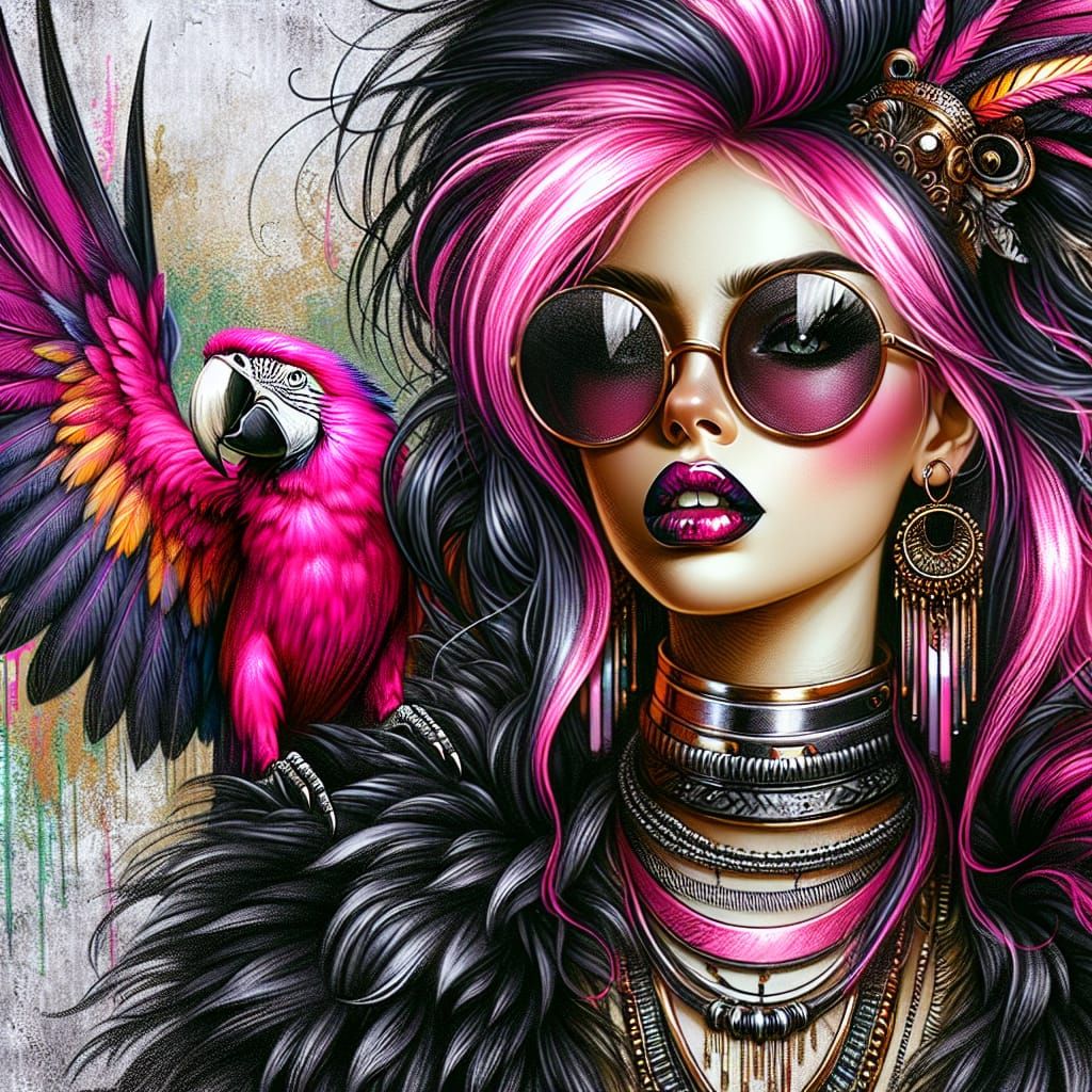 Acrylic and chock, highly detailed, vibrant, hyper, stylized, digital portrait of a fierce woman with long voluminous, p...