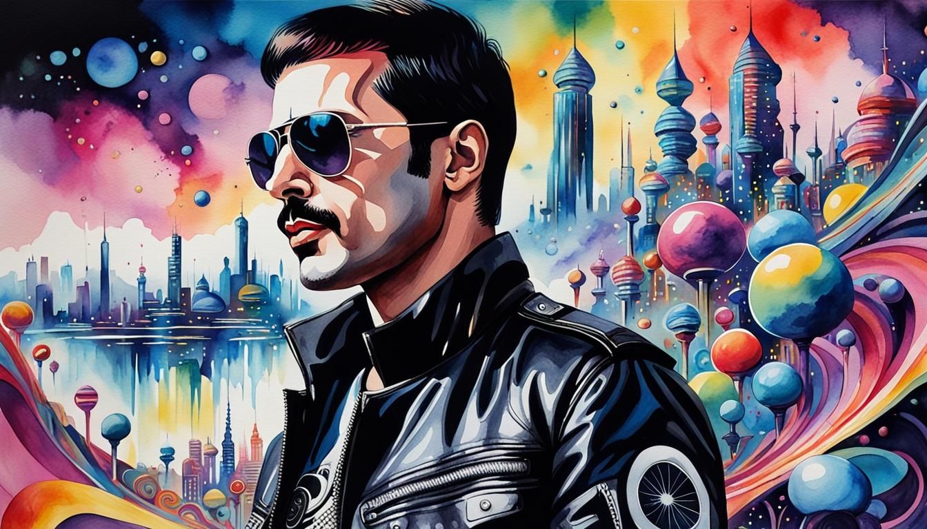 Freddie Mercury Pop Art Portrait with Futuristic Skyline