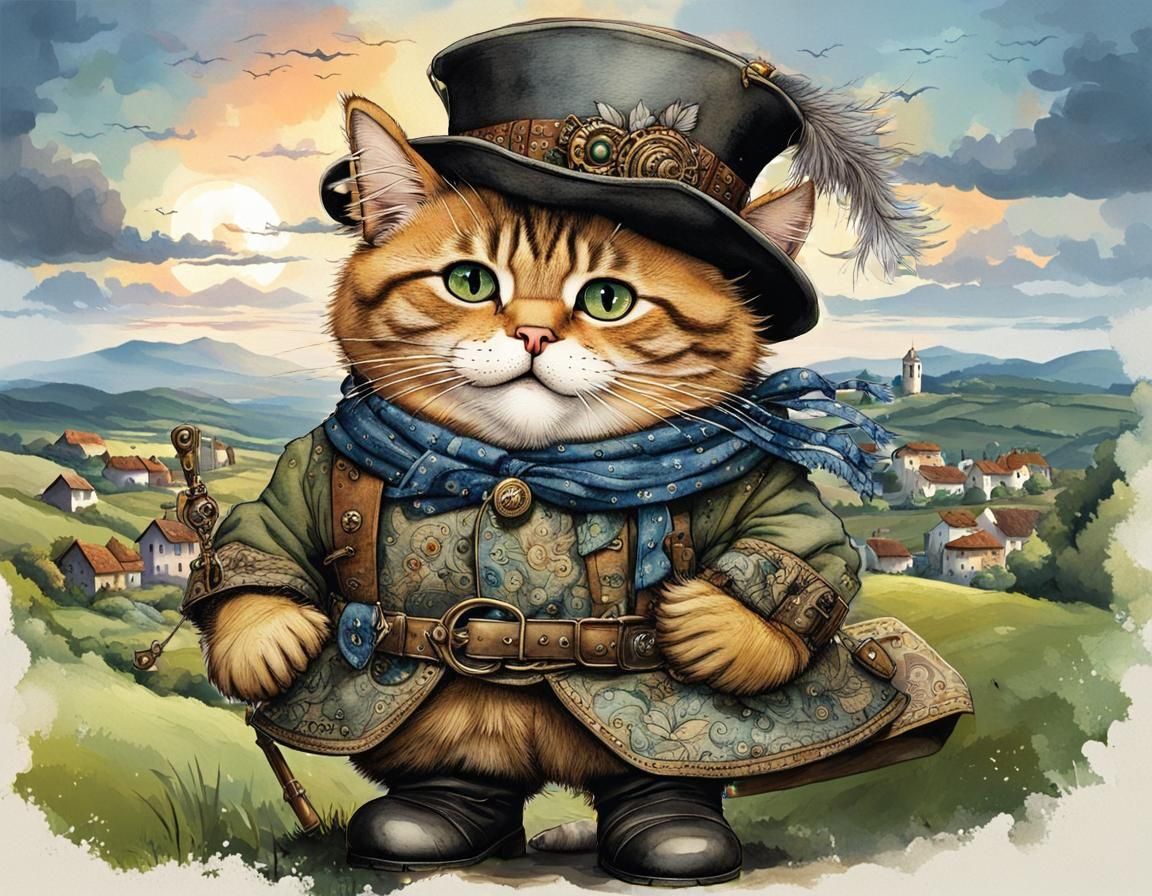 Anthropomorphic Cat in Boots: Watercolor Painting