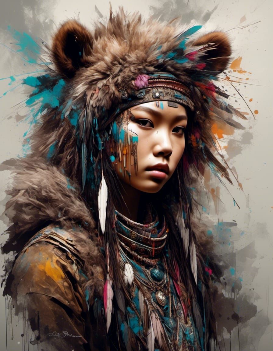 Iroquois Native Bear Cub: Dramatic Visage Portrait