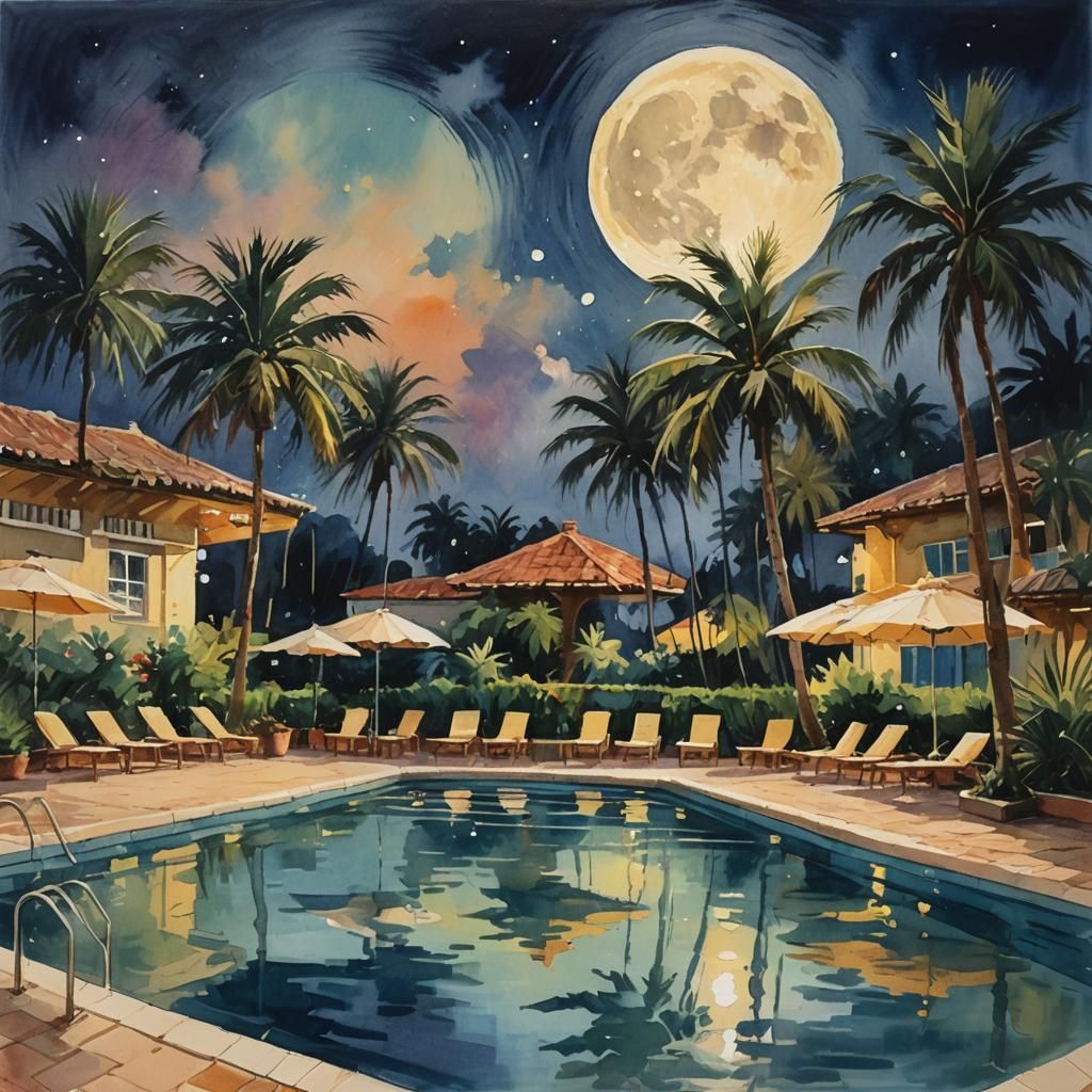 Moonlit Pool Scene in Gouache Watercolor Style