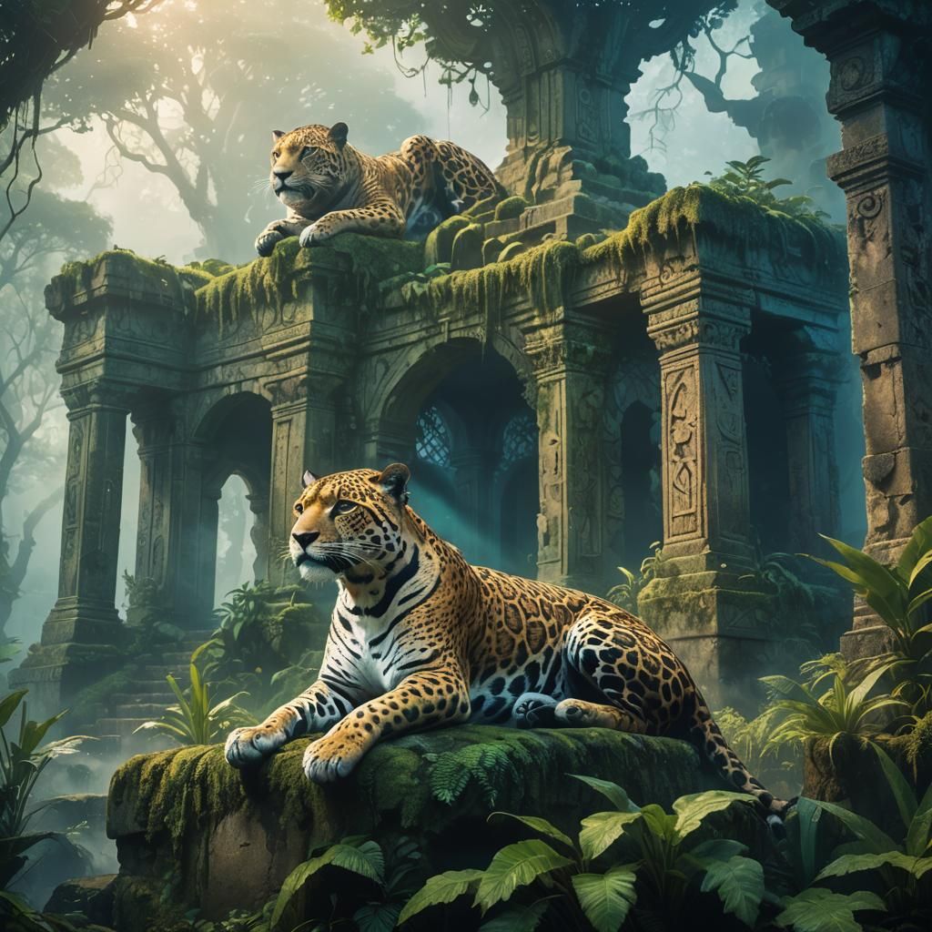 Majestic Jaguar on Ancient Ruin in Fantasy Art