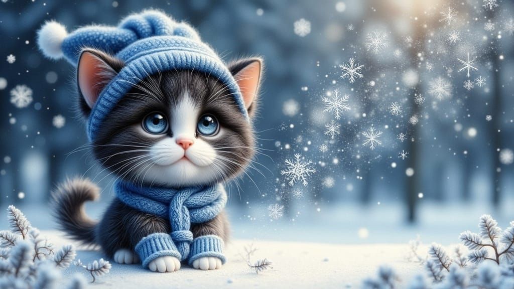 Whimsical Black and White Cat in Winter Wonderland