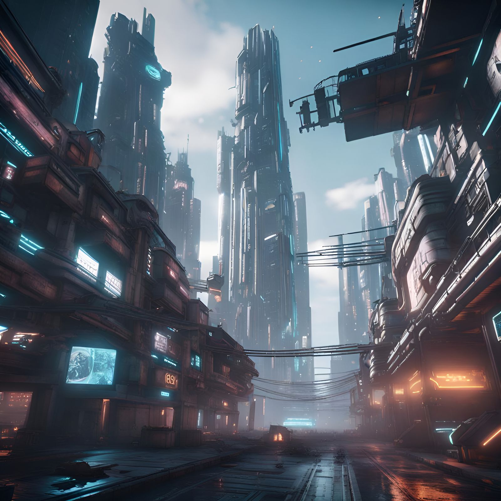 Dystopian Cyberpunk Cityscape in 3D Game Style