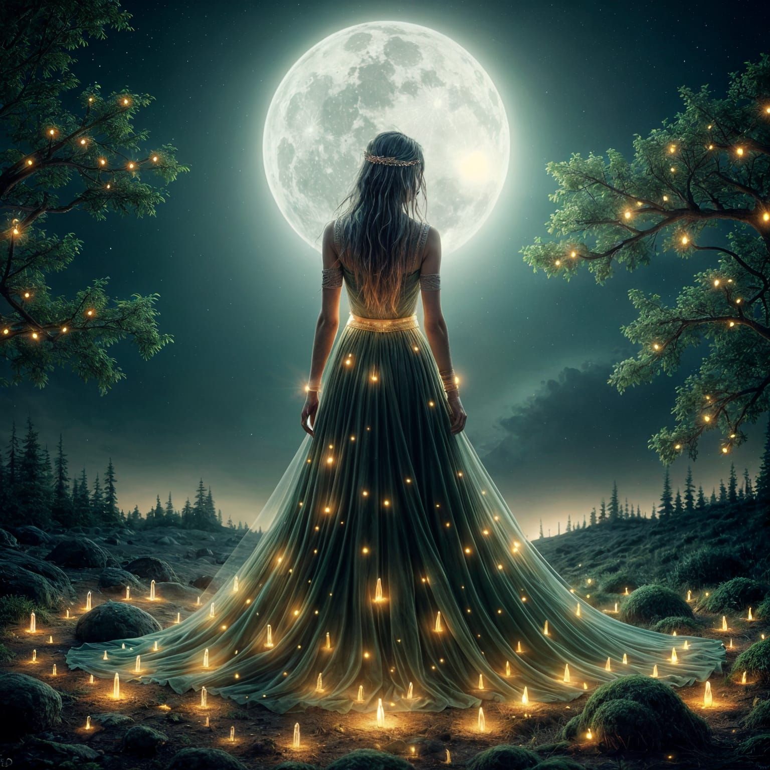 Enchanted Druid Priestess Illuminated by Moonlight in a Myst...