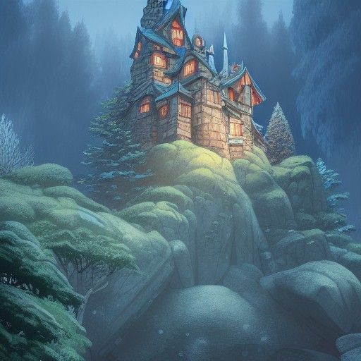 Fantasy Castle in Winter Forest by Ghibli, Anime Style