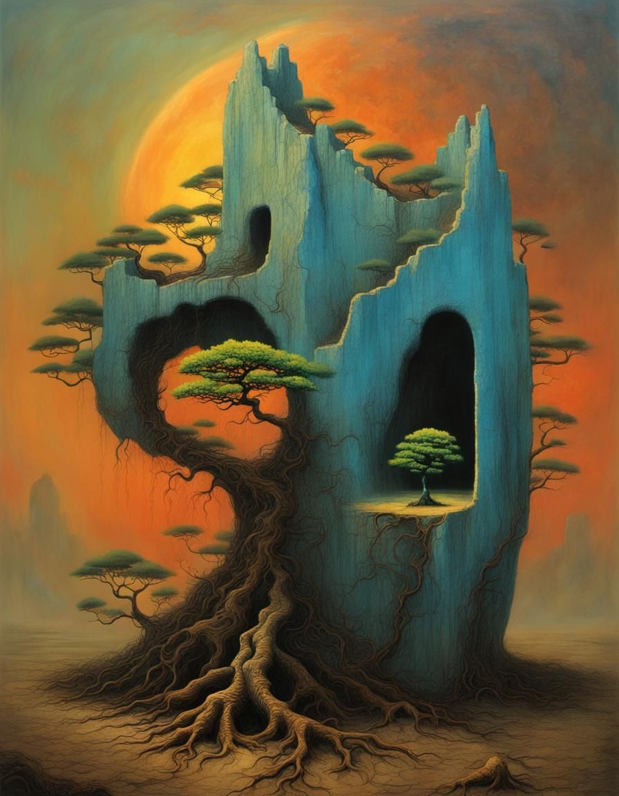 Surreal Bonsai Tree in Liminal Space