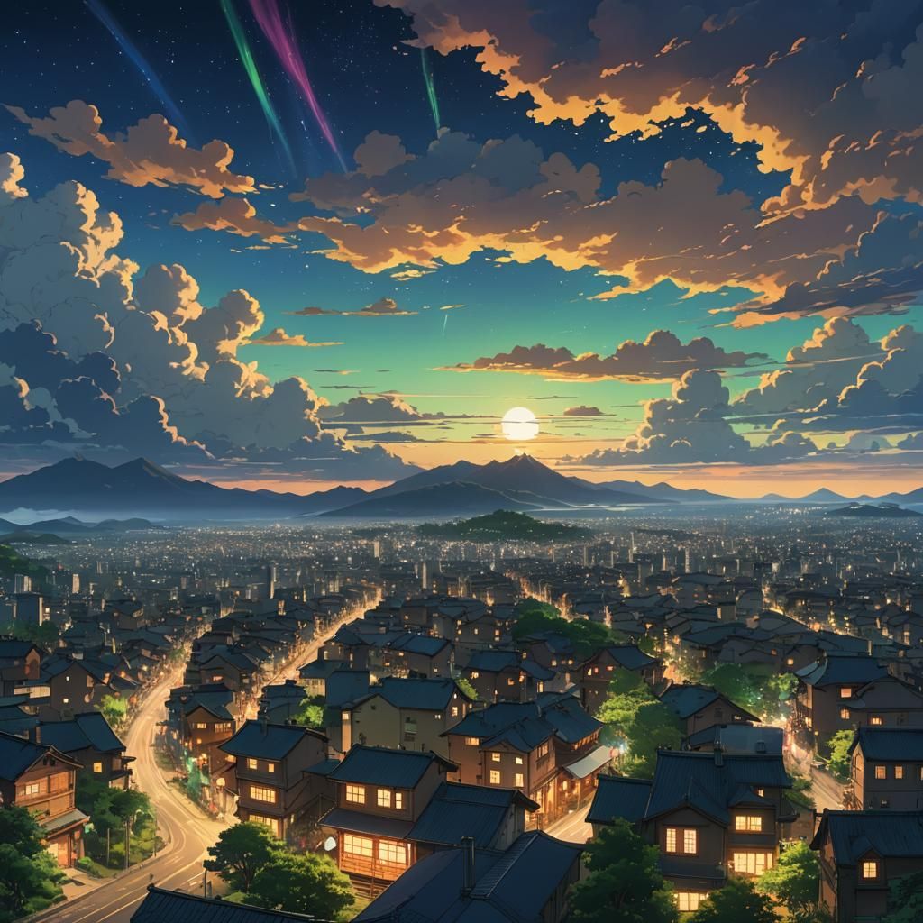 Anime Aurora Nightscape in Studio Ghibli Style