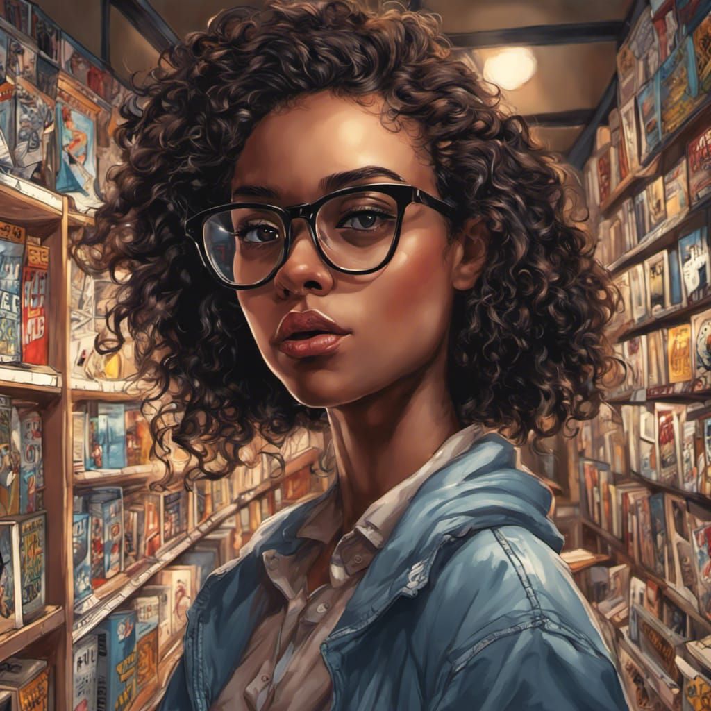 Stylish Girl at Comic Book Store in Cartoon Style