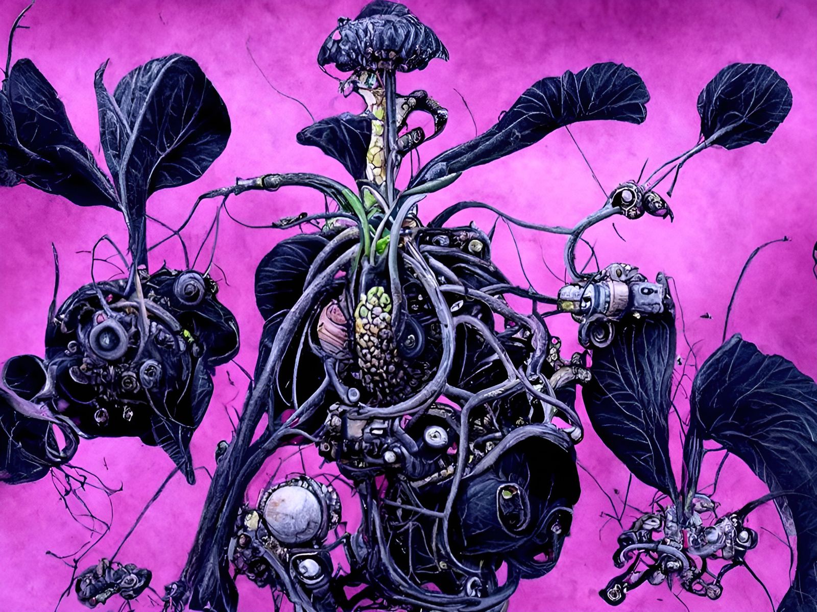 Biopunk Botanical Drawing with Mechanical Elements