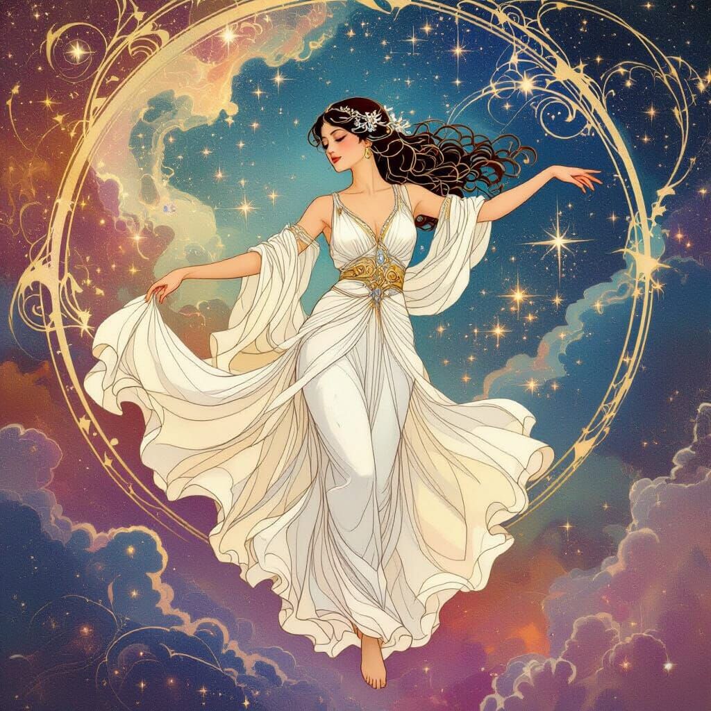 Celestial Dancer Creating Constellations in Art Nouveau Styl...