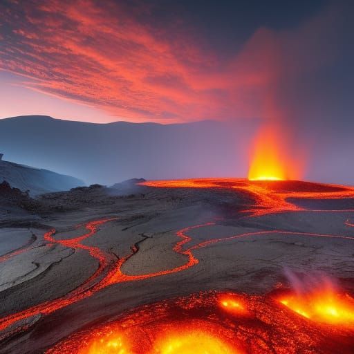 Volcano Interior with Flowing Lava in Paint Burst Style