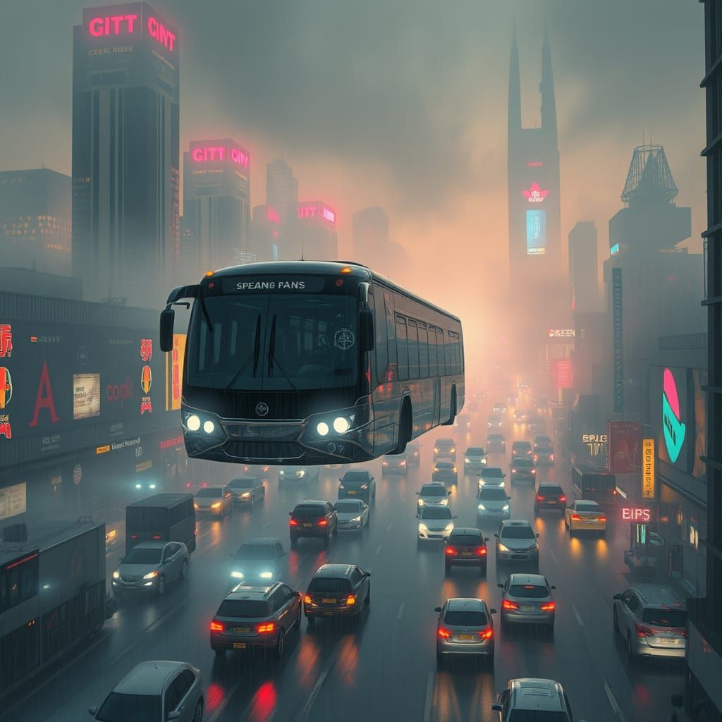 Sleek Flying Bus Hovers in Cybercityscape at Twilight