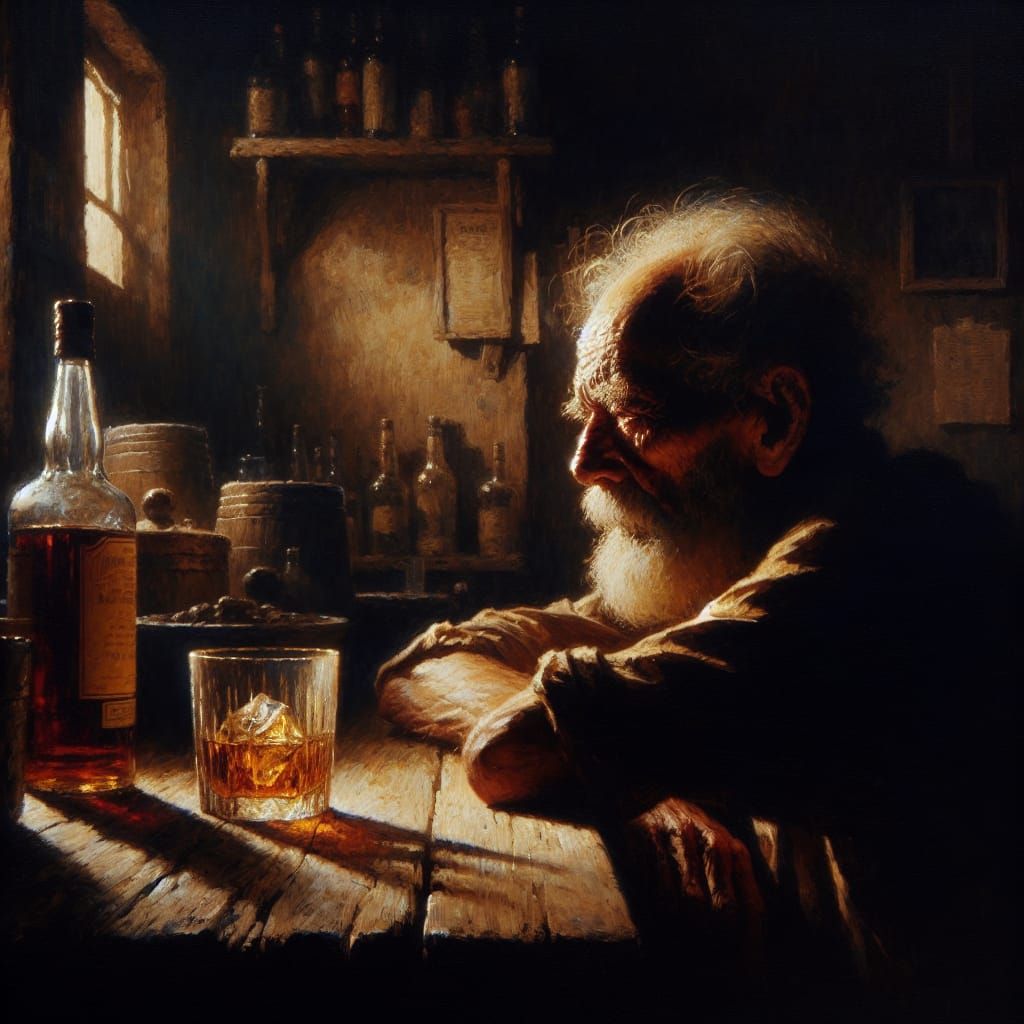 Exhausted Old Man in a Dimly Lit Bar
