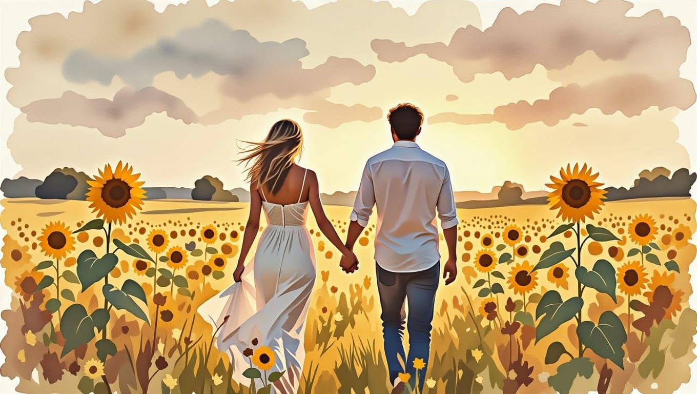 Romantic Watercolor Painting of a Couple Walking Through Sun...