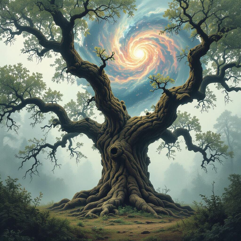 Mystical Oak Tree in Nebula Forest: Crosshatching Art