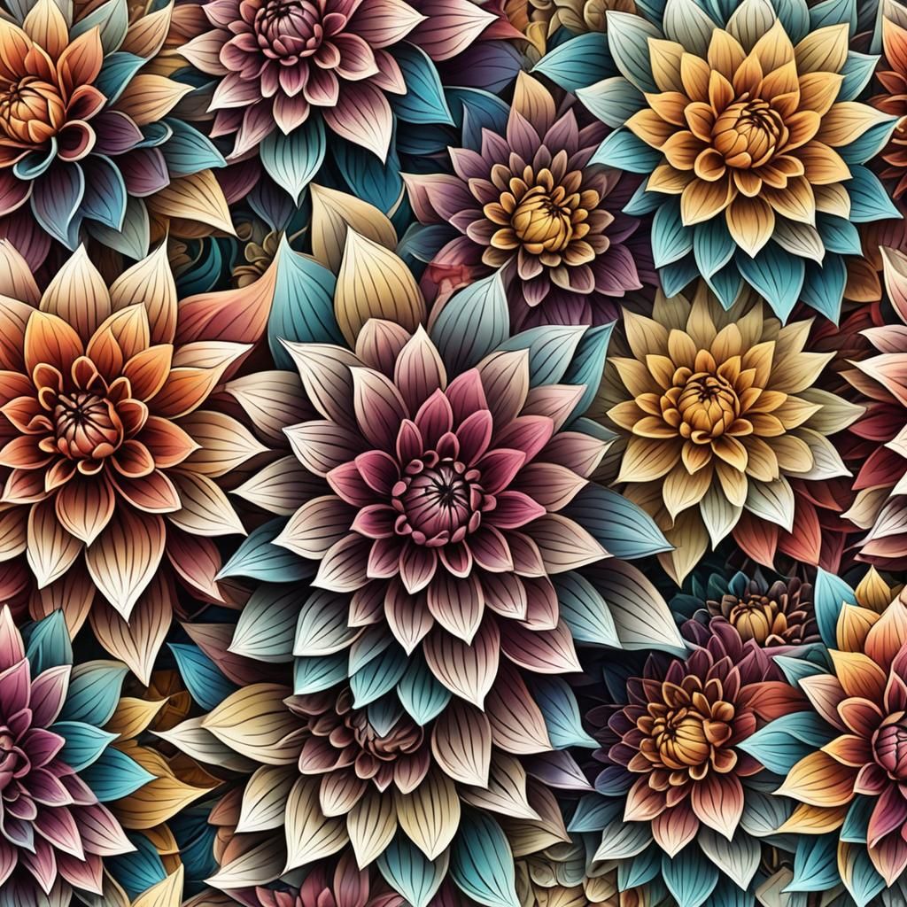 Colorful Dahlias with Abstract Fractal Design