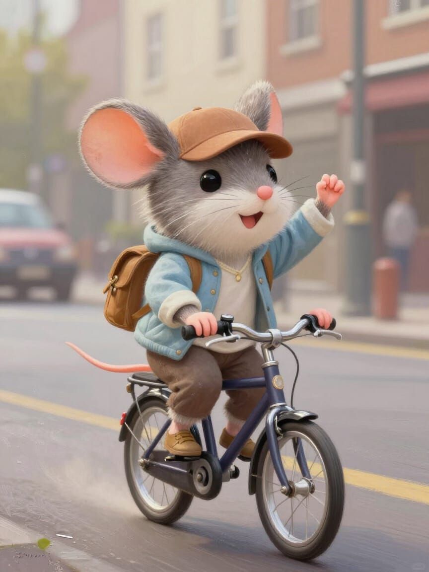 Triumphant Chibi Mouse Rides Bike in Urban Style, Oil Painti...
