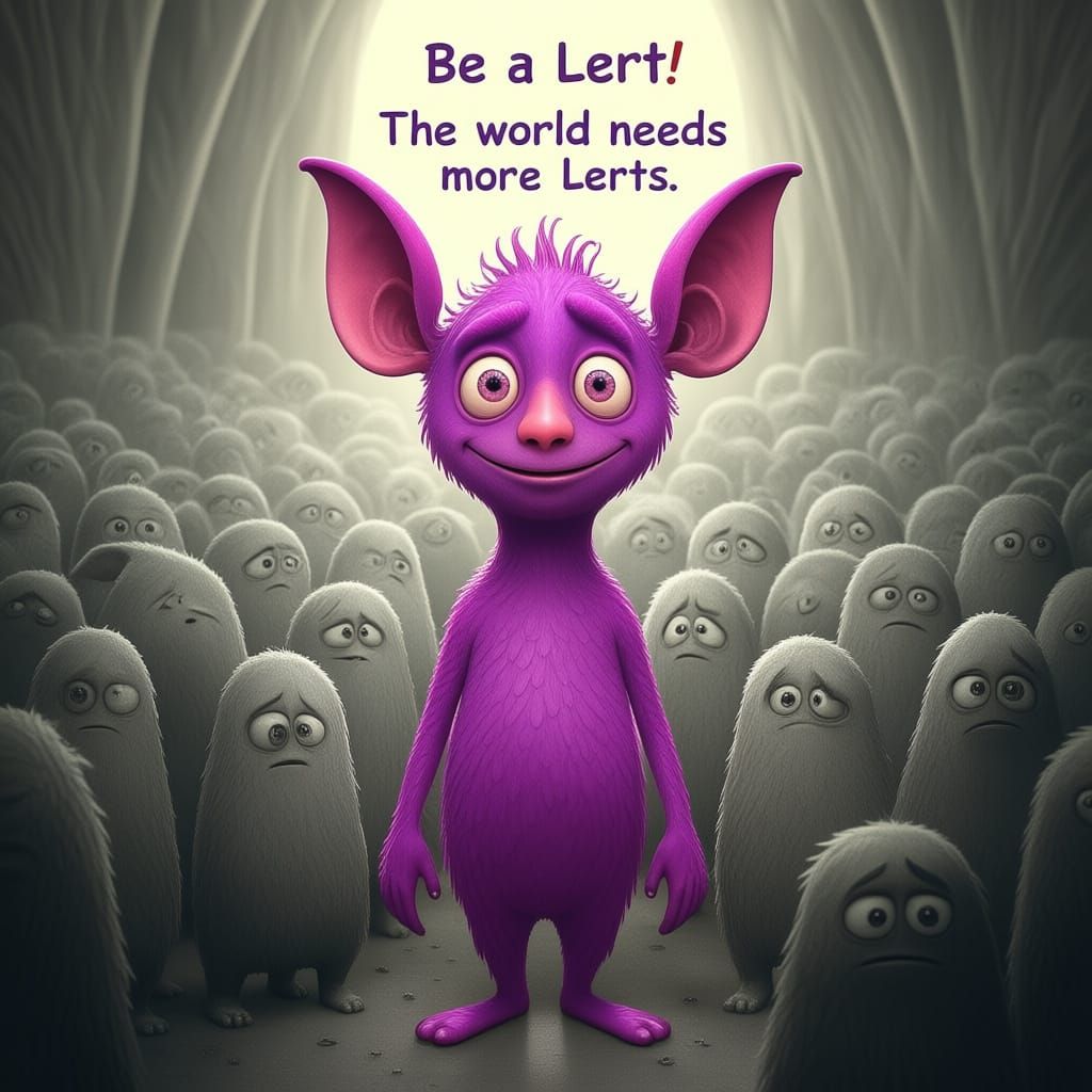 Purple Creature Stands Out in Sad Black and White Crowd