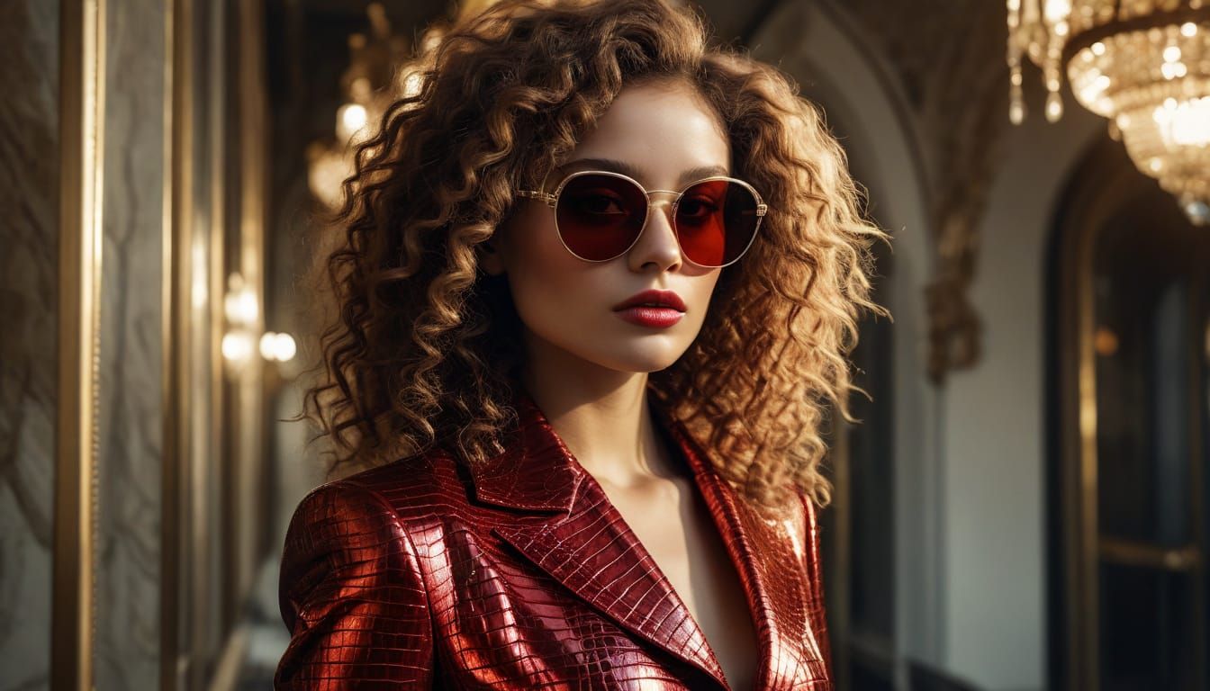 Glamorous Model in Red Metallic Crocodile Suit