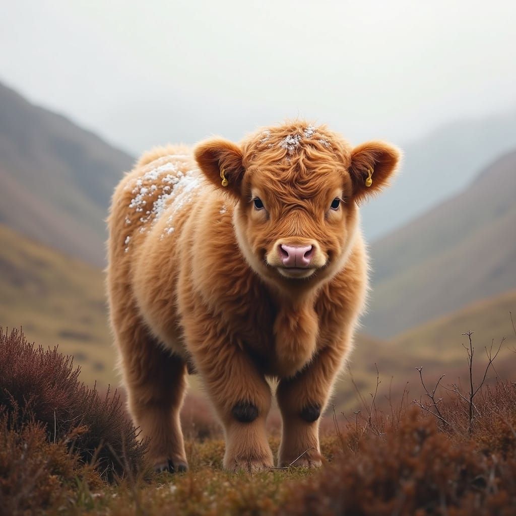 Idyllic Highland Cattle Calf in Snowy Scottish Highlands