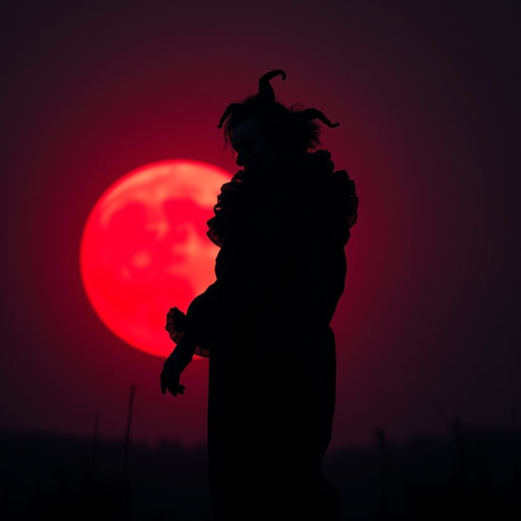 Mysterious Clown Silhouetted Against a Vibrant Red Moon