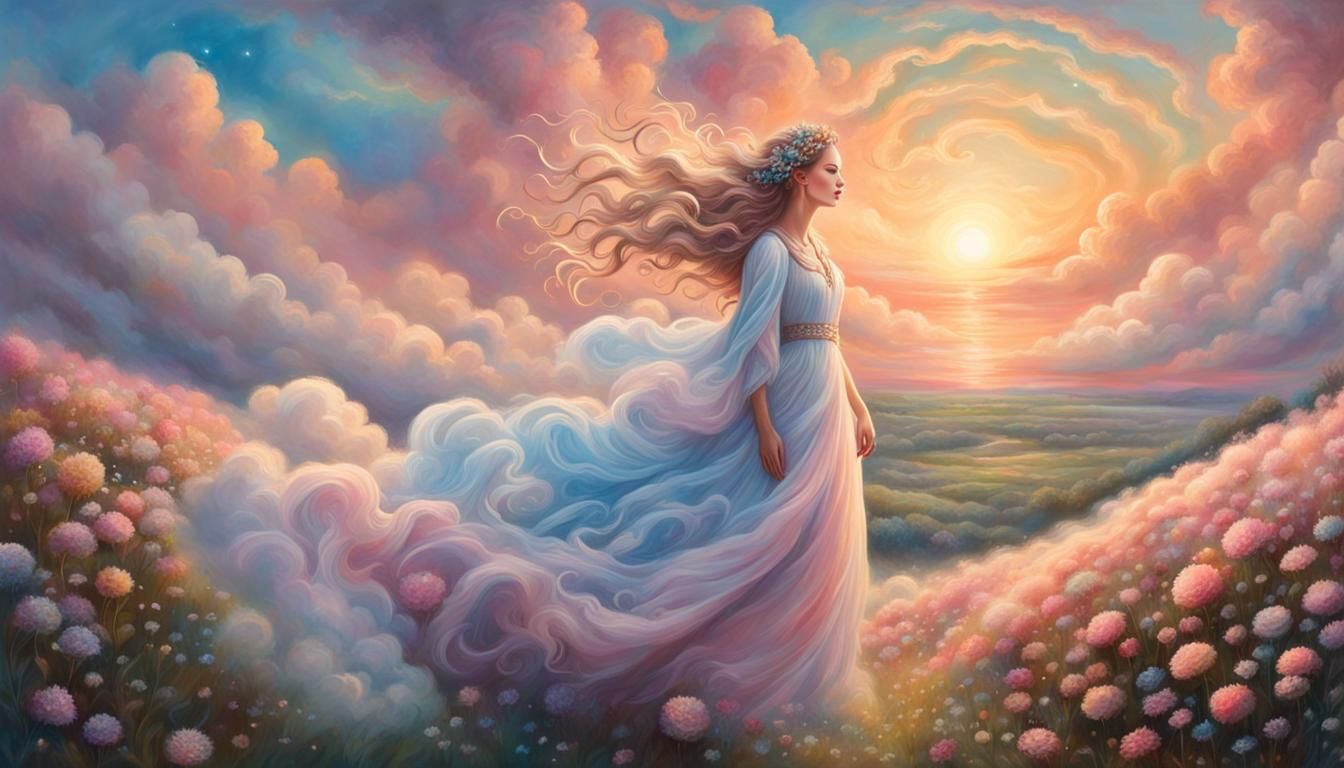 Dancing Cloud Girl Portrait in Pastel Watercolor