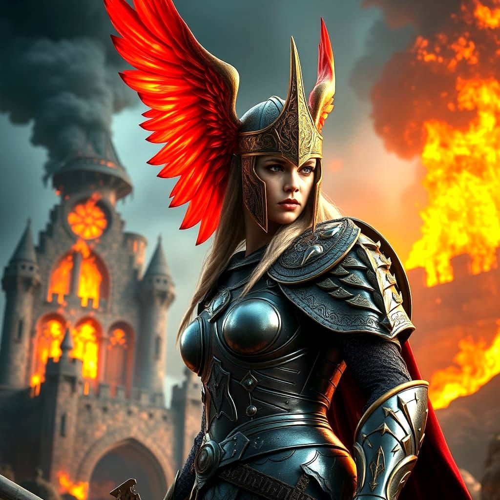 Viking Valkyrie Warrior in a Fiery Landscape