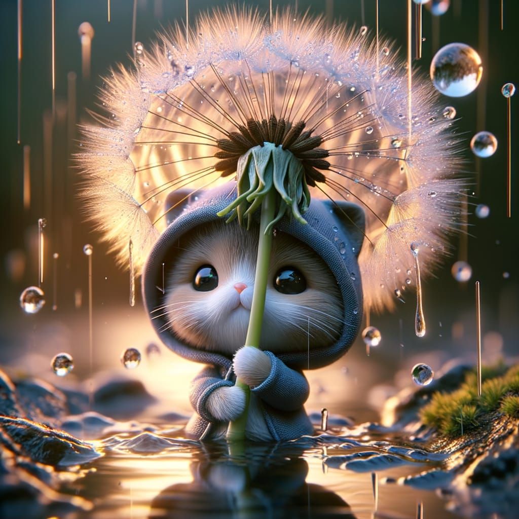 Whimsical Miniature Kitten Holds Dandelion in Hyperrealistic...