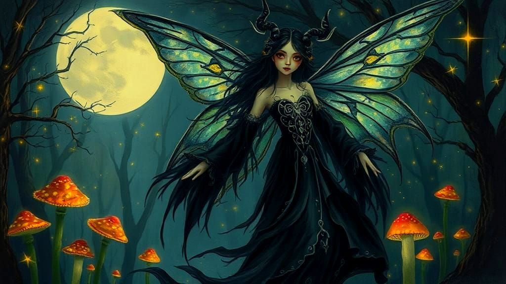 Goth Fairy with Bioluminescent Wings as Surreal Pointillism