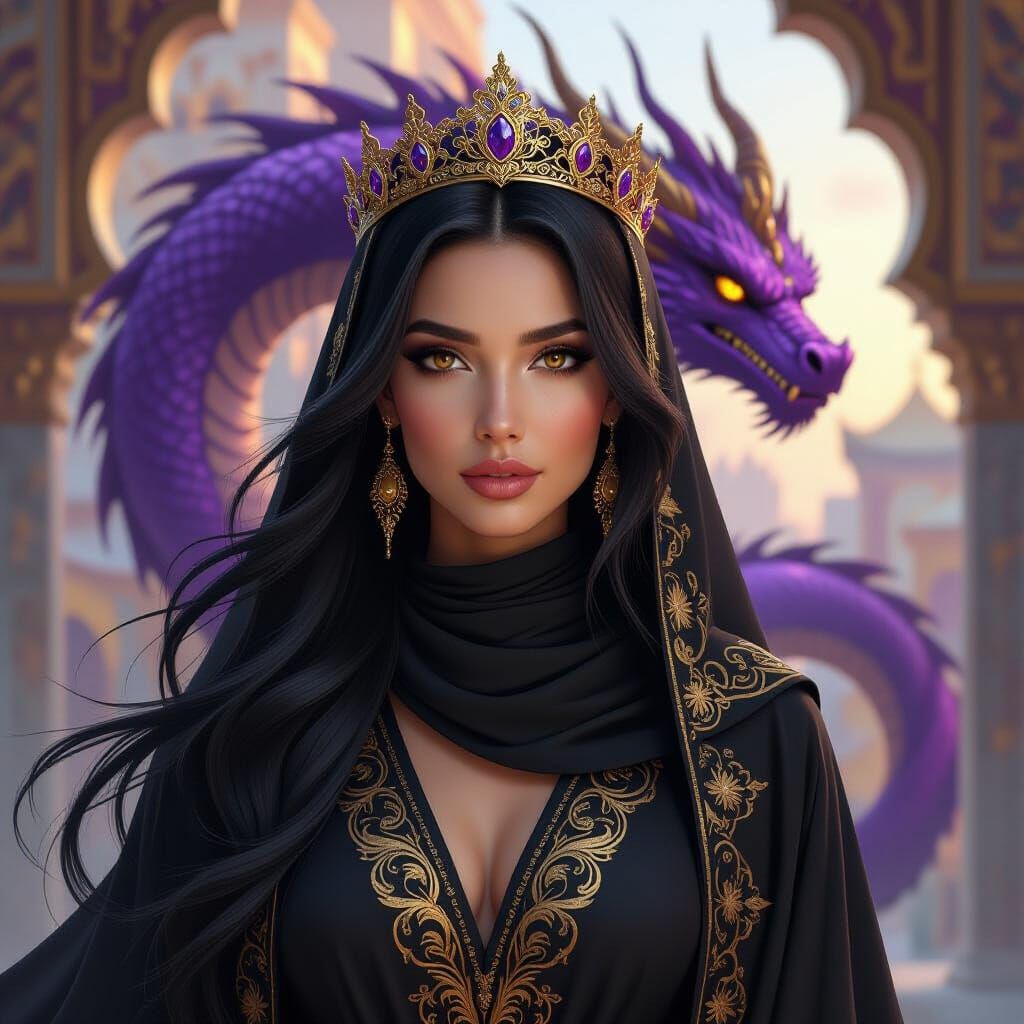 Woman with Crown and Dragon in Hyperrealistic Style