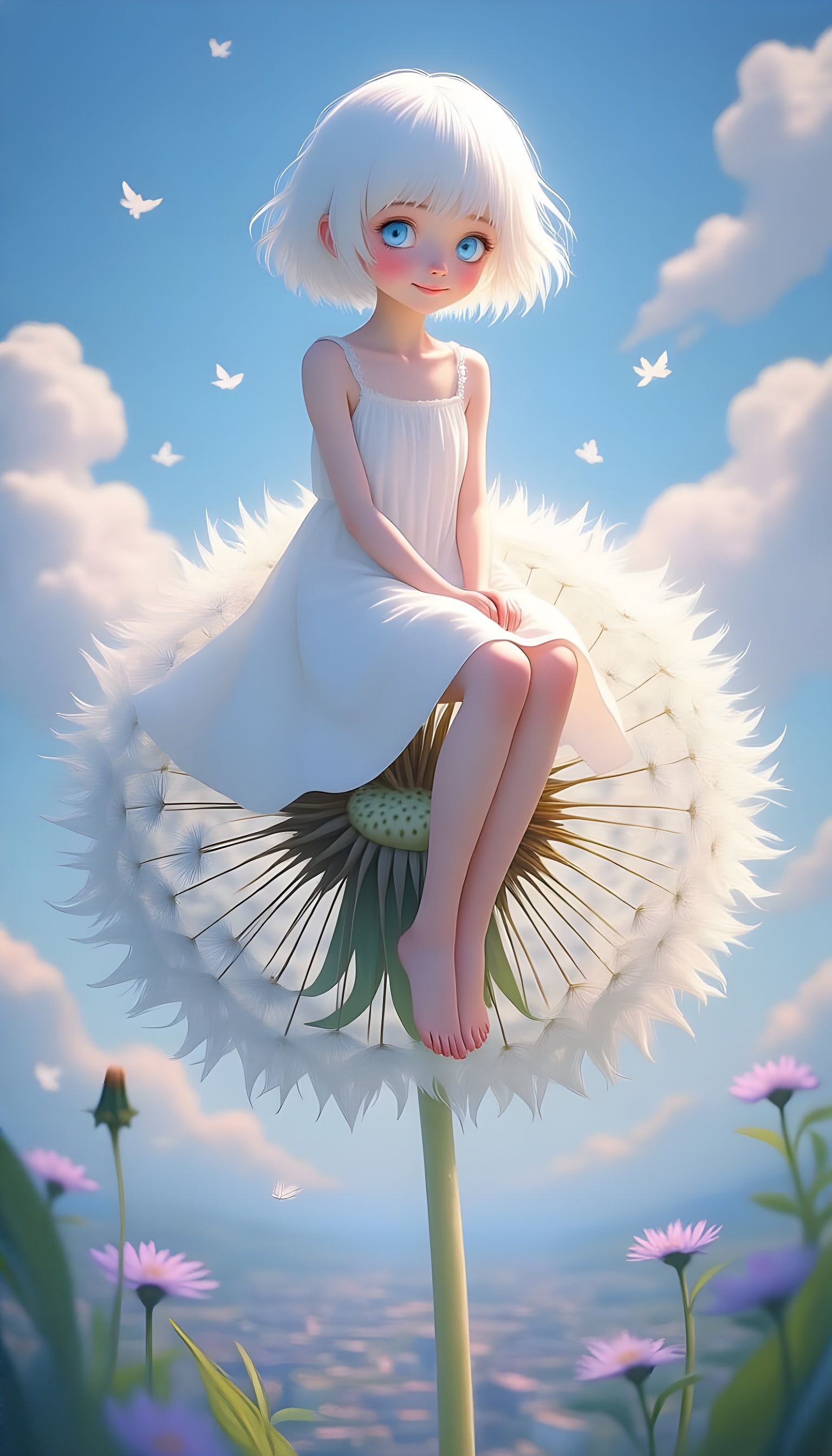 Girl on Dandelion Seed Head, Whimsical Illustration