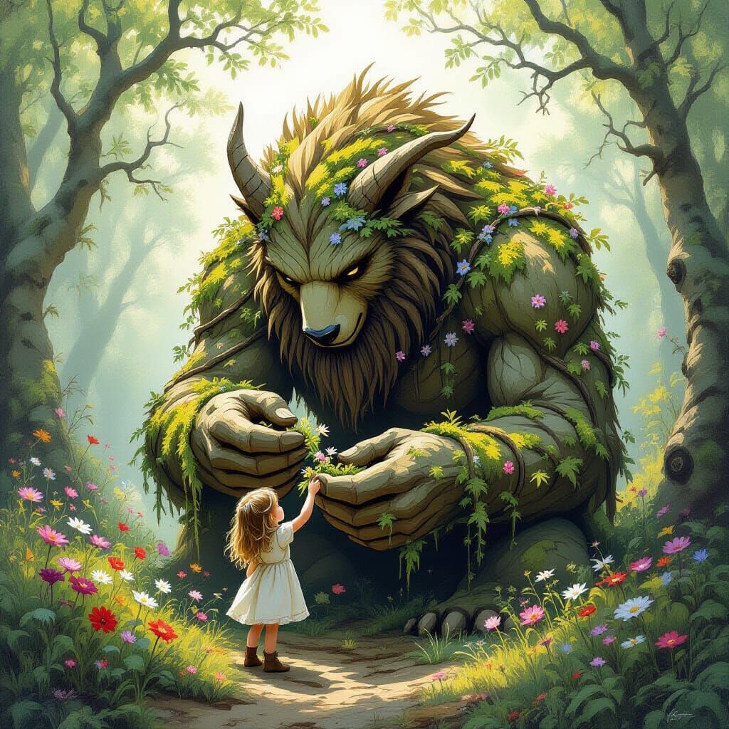 Stone Forest Beast Helps Girl Pick Flowers