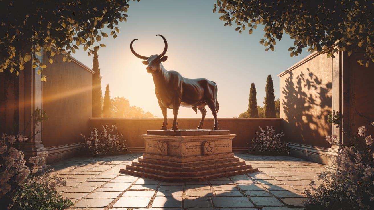 Taurus Statue in Sun-Drenched Roman Courtyard