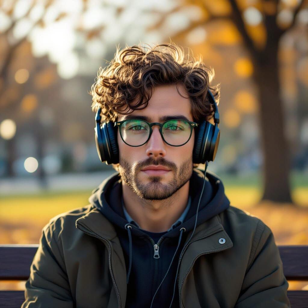 Man Lost in Music on Park Bench