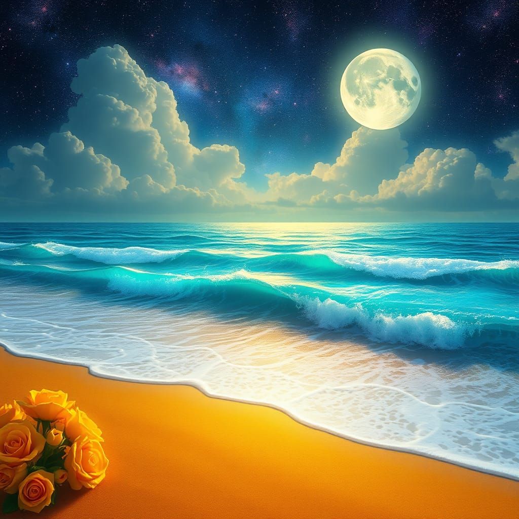 Glowing Ocean Waves and Galaxy Sky in Dreamlike Scene