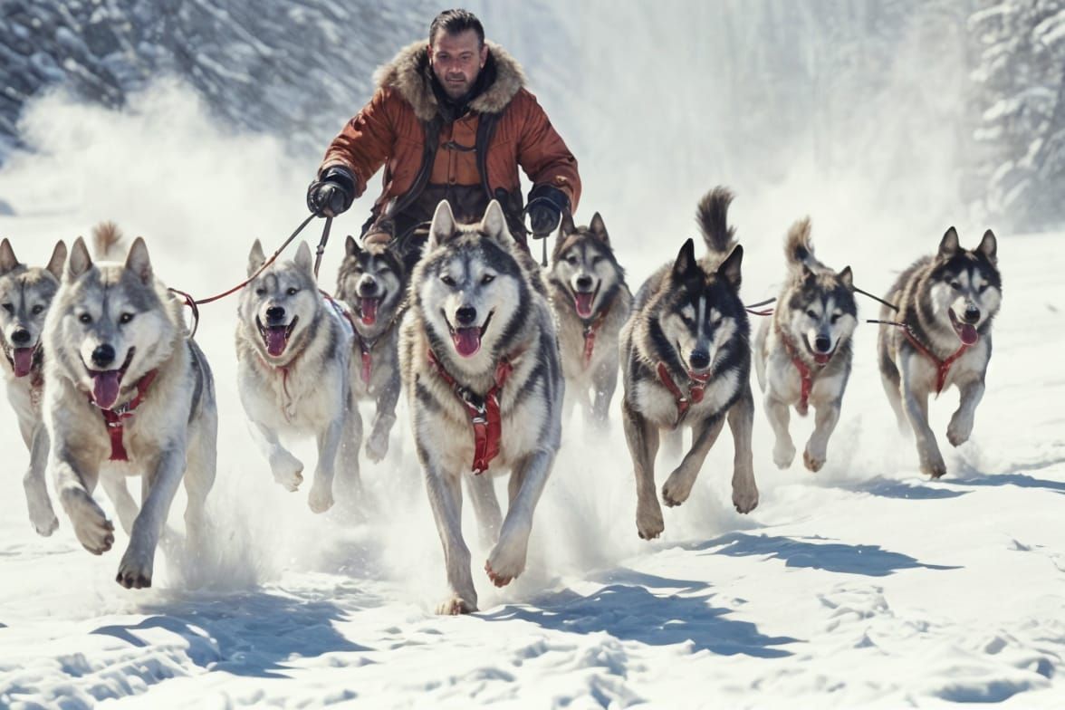 Chaotic Sled Dog Team in Winter Scene