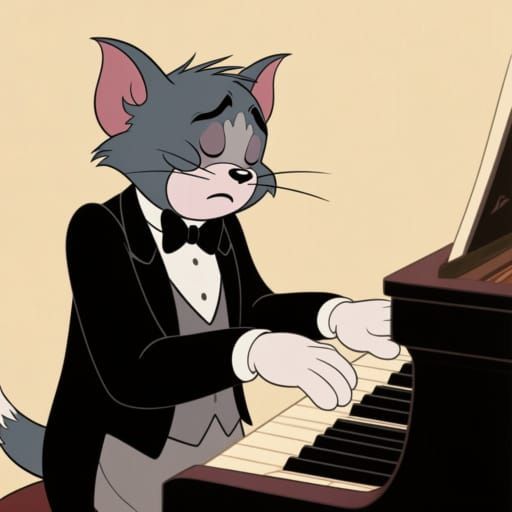 Tom in Elegant Suit Plays Piano with Sad Features