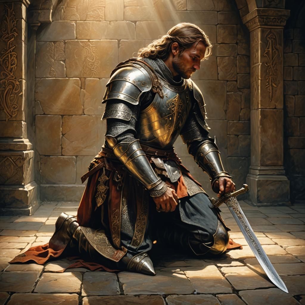 Medieval Warrior in Prayer, Oil Painting Style