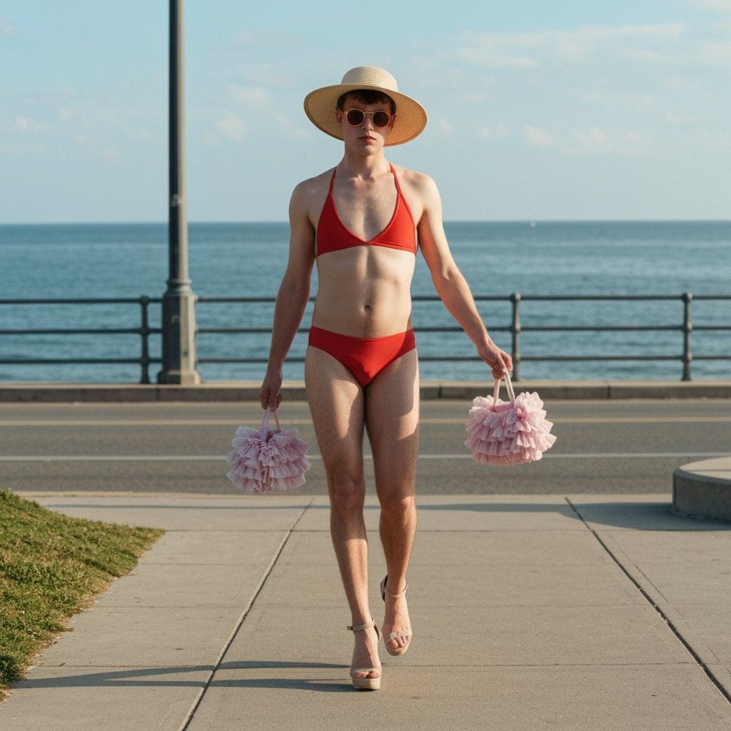 Man in Swimsuit and Heels Walks Seaside