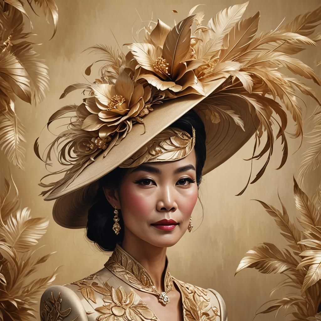 Elegant Feather Fascinator Portrait in Digital Painting Styl...