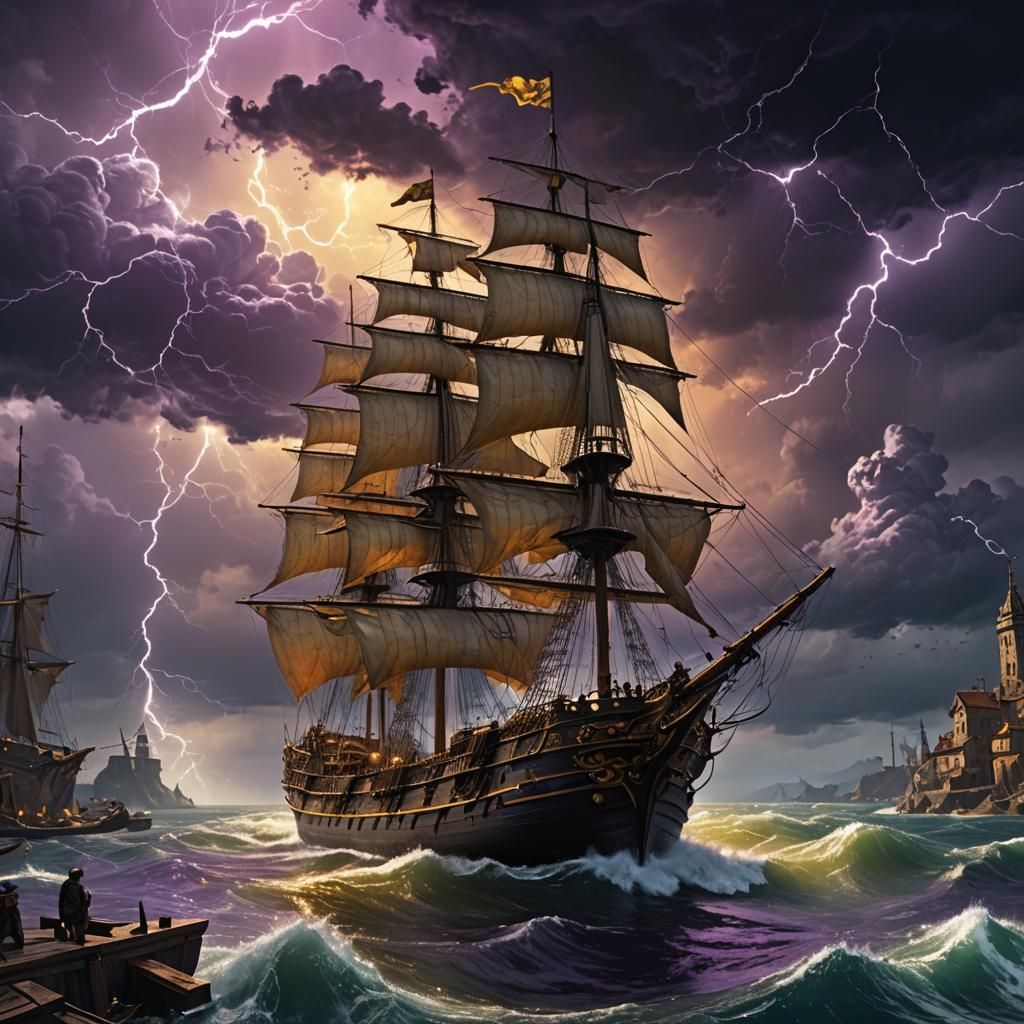 Stormy Harbor: Ship in Dark Fantasy Style